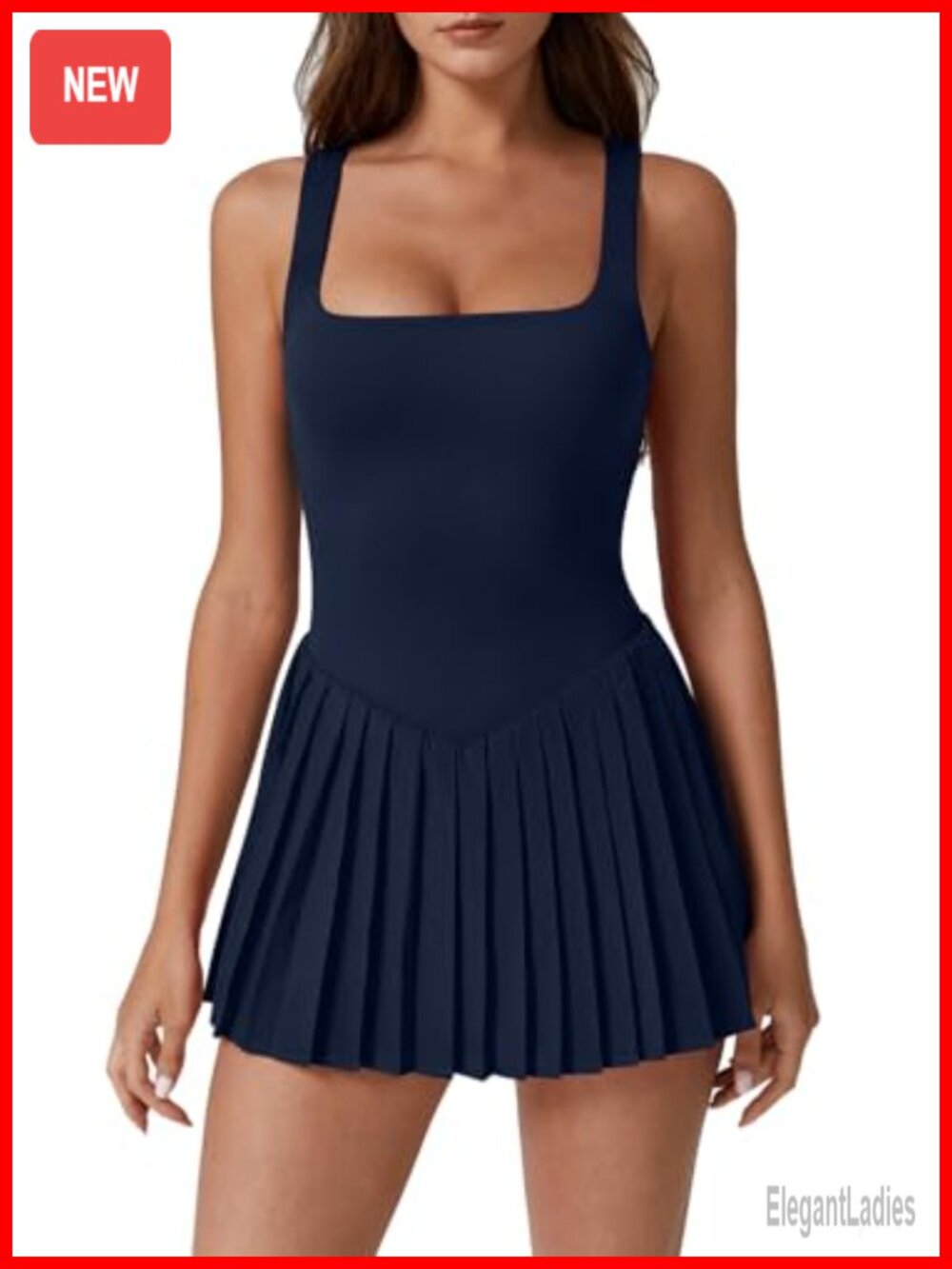 Square Neck Tennis Dress Sleeveless Pleated Built-in Shorts Pockets Athletic